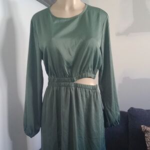 Elegant Long Sleeve Green Dress P Pretty Garden Size M Pit to Pit 18 Inch   35 L